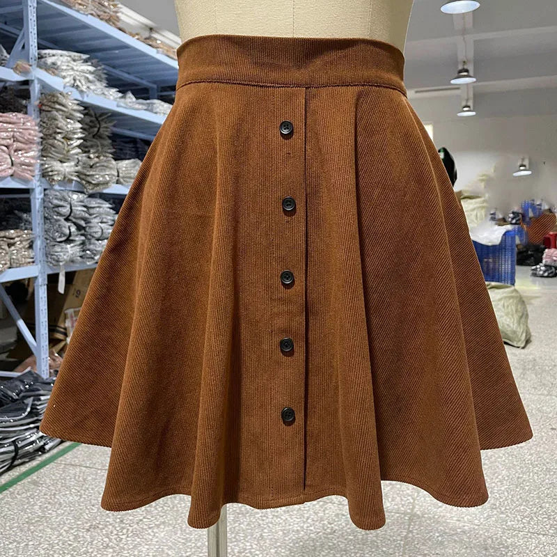 Pleated Fluffy Elegant Single-Breasted Design Corduroy A-Line Skirts