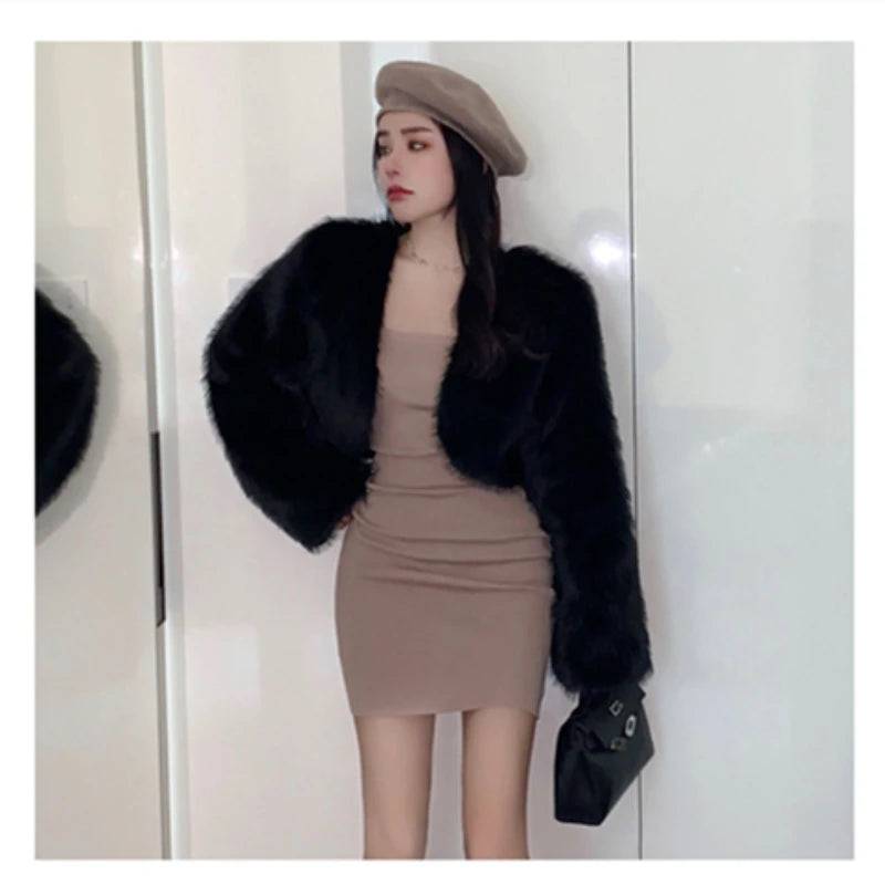 Women Fur Cardigan Short Cut Loose Long Sleeves Lady Jacket