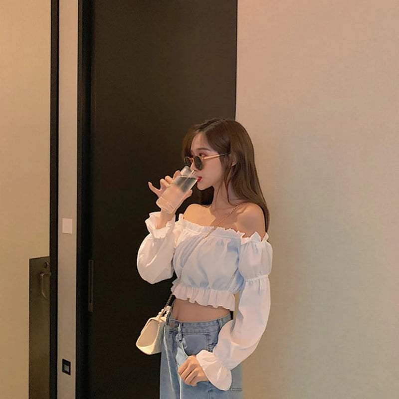 Long Puff Sleeve Ruffle Tunic Crop Top