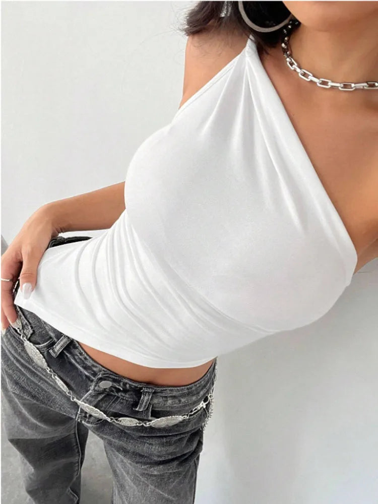Single Shoulder Asymmetrical Slim Fit Top One-Piece Neck