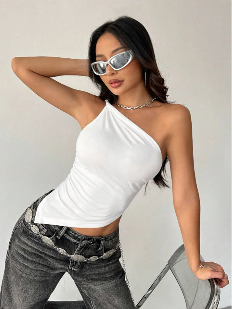 Single Shoulder Asymmetrical Slim Fit Top One-Piece Neck
