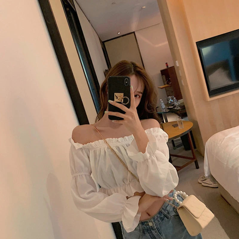 Long Puff Sleeve Ruffle Tunic Crop Top