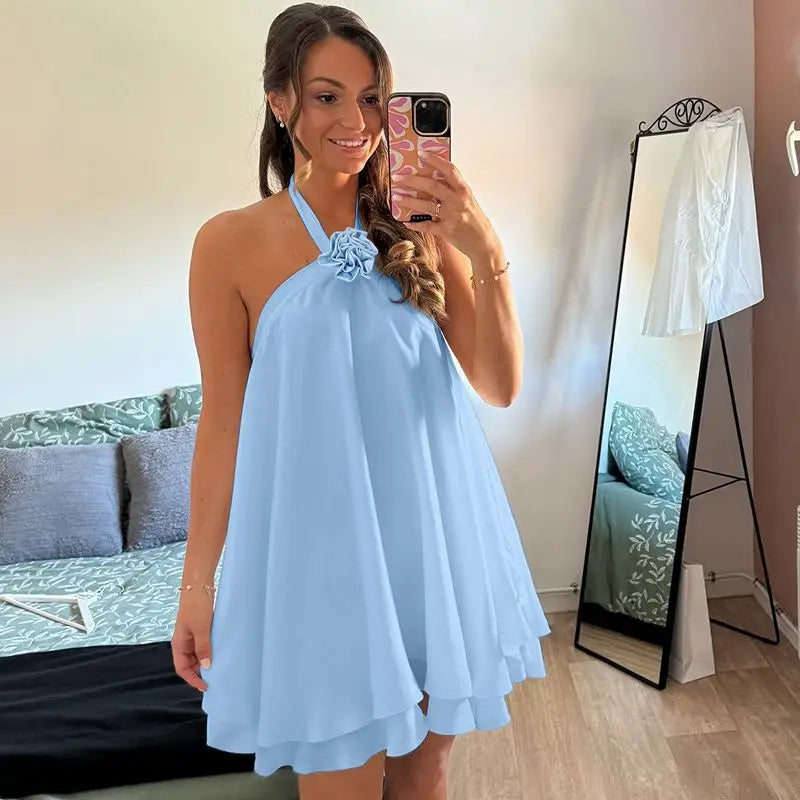 Tie Up Loose Applique Halter Mini Dress