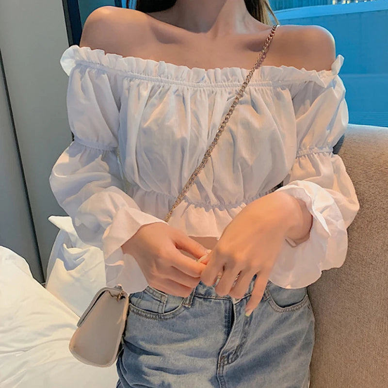 Long Puff Sleeve Ruffle Tunic Crop Top