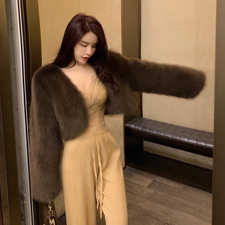 Women Fur Cardigan Short Cut Loose Long Sleeves Lady Jacket