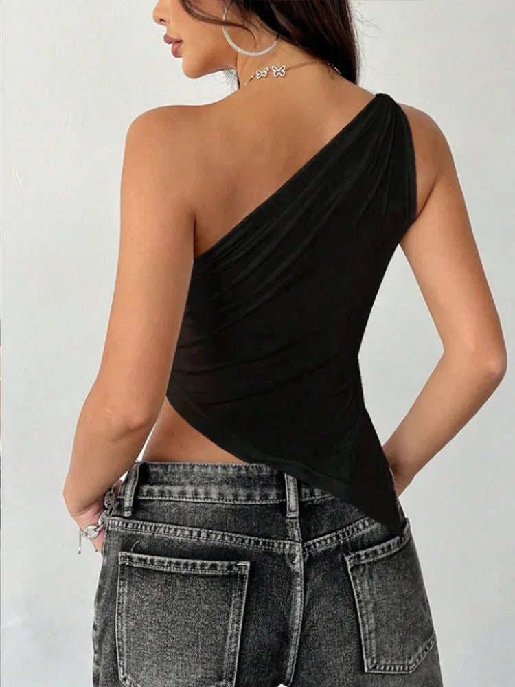 Single Shoulder Asymmetrical Slim Fit Top One-Piece Neck