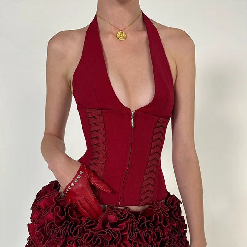 Halter V Neck Summer Fashion Zipper Detail Cropped Top
