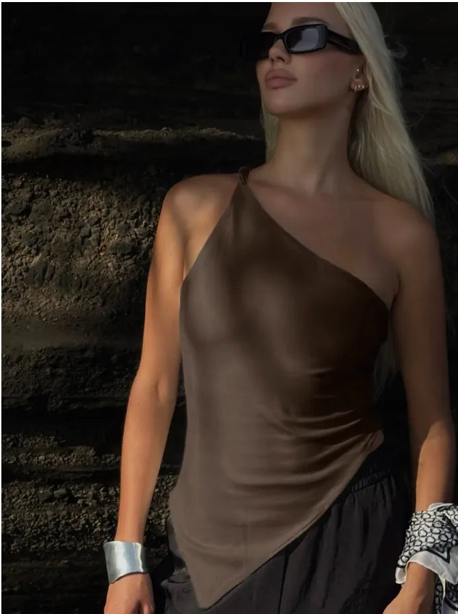 Single Shoulder Asymmetrical Slim Fit Top One-Piece Neck