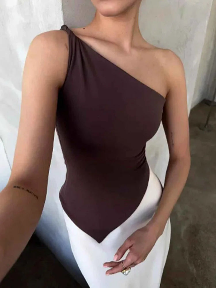 Single Shoulder Asymmetrical Slim Fit Top One-Piece Neck